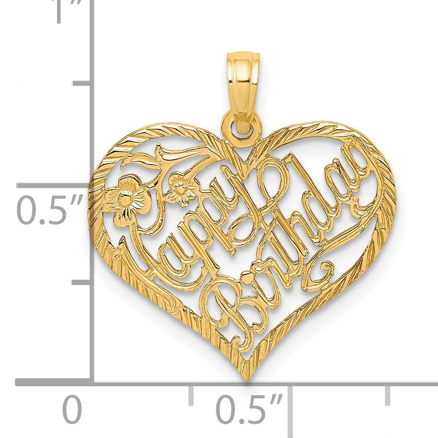 14k Yellw Gold Polished Textured Finish Solid HAPPY BIRTHDAY Script in Heart Shape Flower Design Charm Pendant