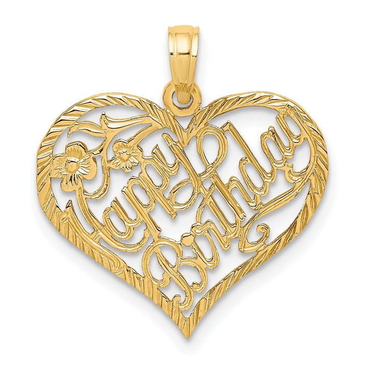 14k Yellw Gold Polished Textured Finish Solid HAPPY BIRTHDAY Script in Heart Shape Flower Design Charm Pendant