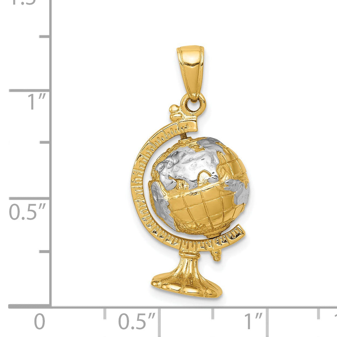 14k Yellow Gold White Rhodium Polished Finished Solid World Globe Charm Pendant