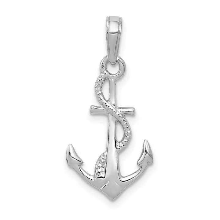 14K White Gold Polished Finished 3-Dimensional with Rope Design Solid Anchor Charm Pendant