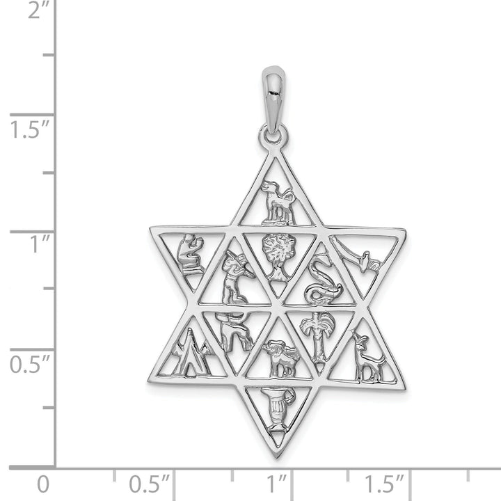 14k White Gold Rhodium Polished Finish 12 Tribes Star of David Pendant