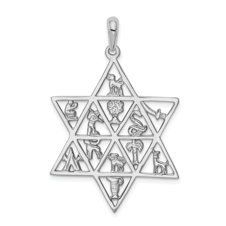 14k White Gold Rhodium Polished Finish 12 Tribes Star of David Pendant