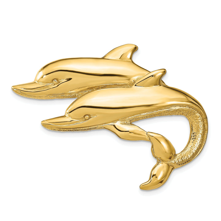 14k Yellow Gold Polished Finish Double Design Dolphins Slide Pendant. Fits up to 8mm Omega.