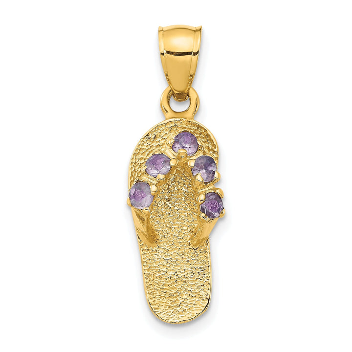 14k Yellow Gold Solid Texture Polish Finish 3-Dimensional June Cubic Zirconia Birthstone Flip Flop Sandle Charm Pendant