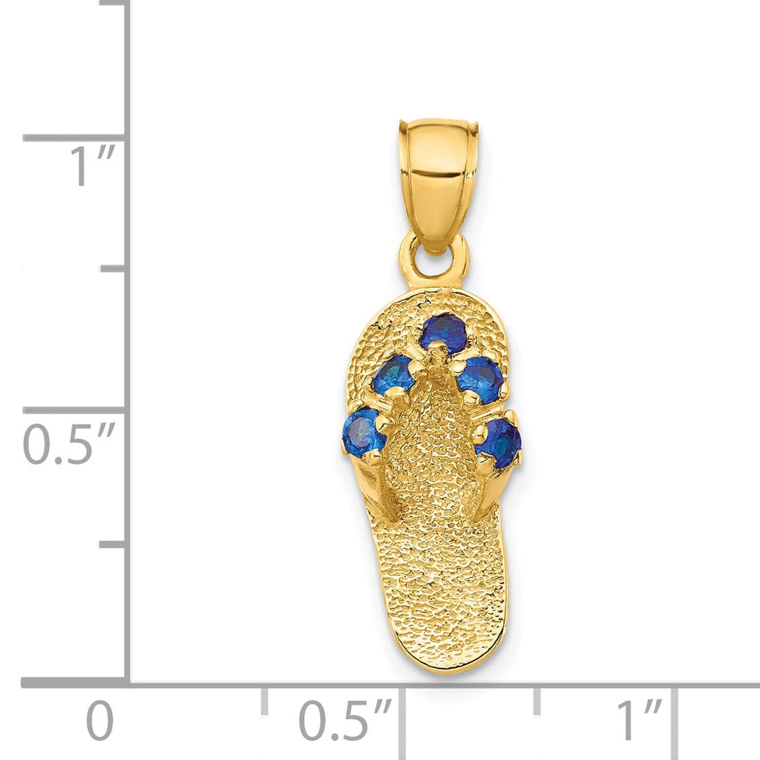 14k Yellow Gold Solid Texture Polish Finish 3-Dimensional September Cubic Zirconia Birthstone Flip Flop Sandle Charm Pendant