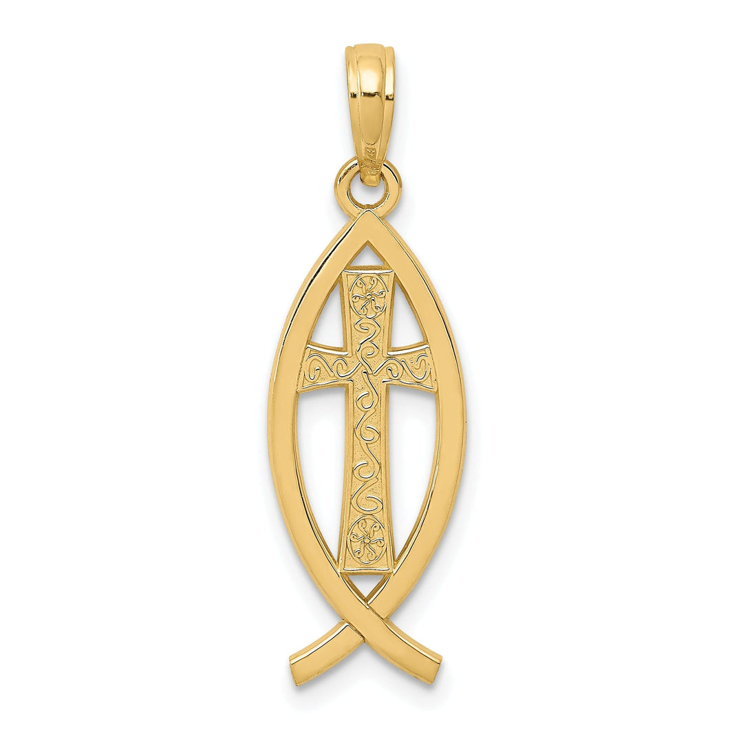 14K Yellow Gold Polished Finish Ichthus Fish Cross Design Pendant
