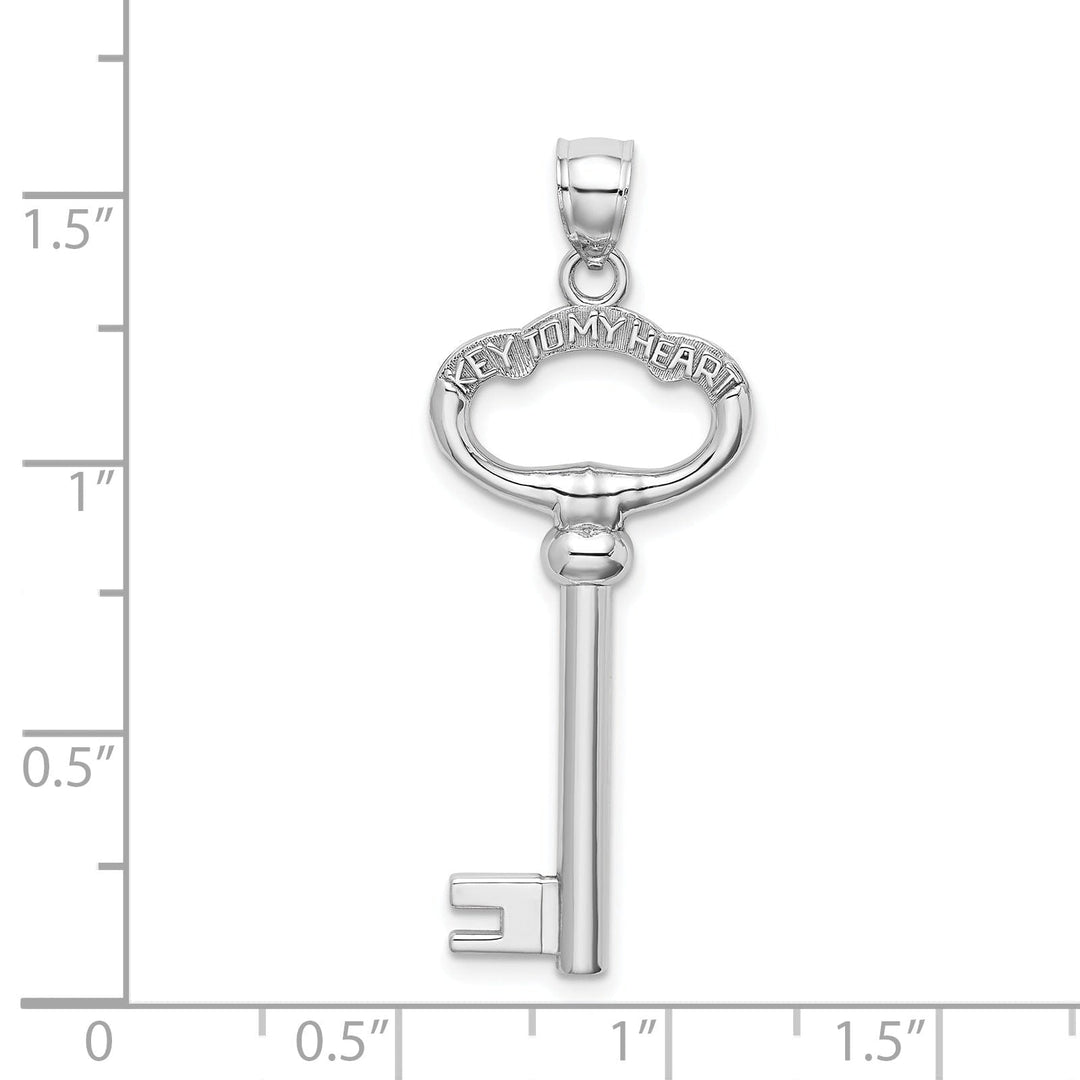 14K White Gold Rhodium Solid 3-D KEY TO MY HEART Key Charm Pendant