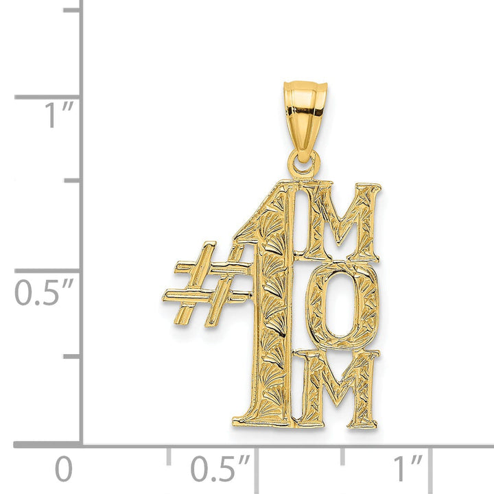 14K Yellow Gold Textured Polished Finish Script #1 MOM Vertical Style Charm Pendant