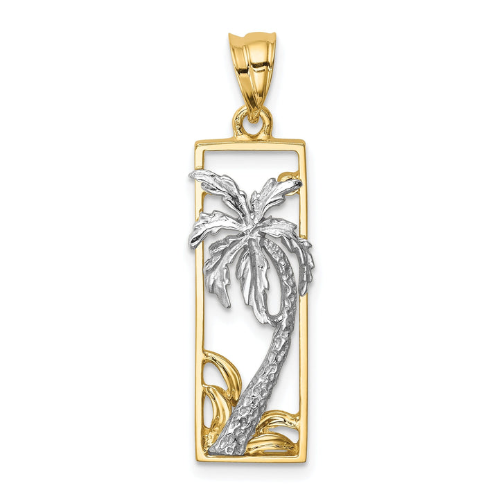 14K Two Tone Gold Solid Polished Finish Palm Tree in Frame Design Charm Pendant