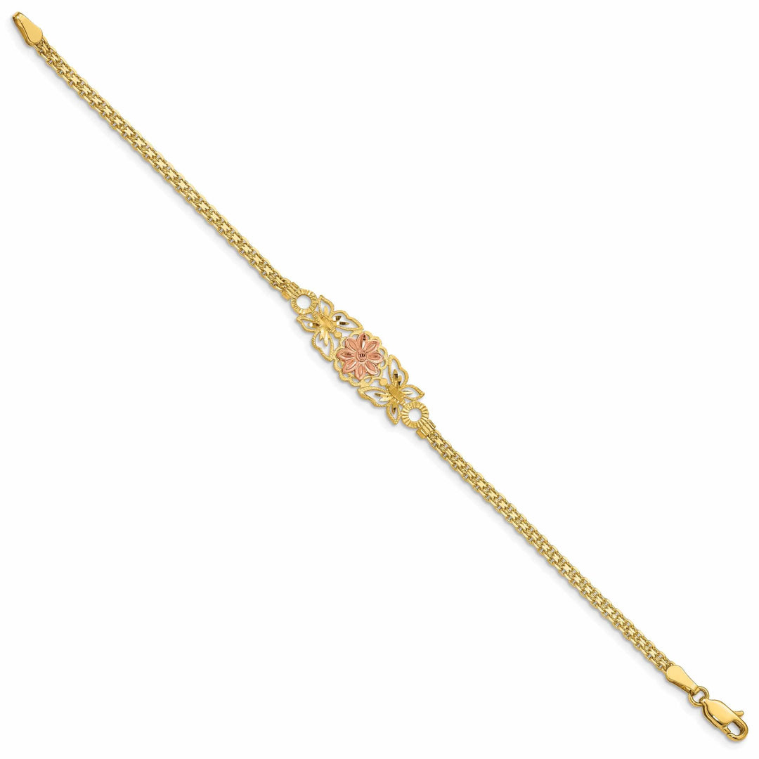 14k Gold Two-Tone Butterfly & Flowers Bracelet - Brushed & Polished