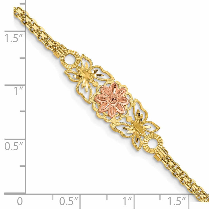 14k Gold Two-Tone Butterfly & Flowers Bracelet - Brushed & Polished