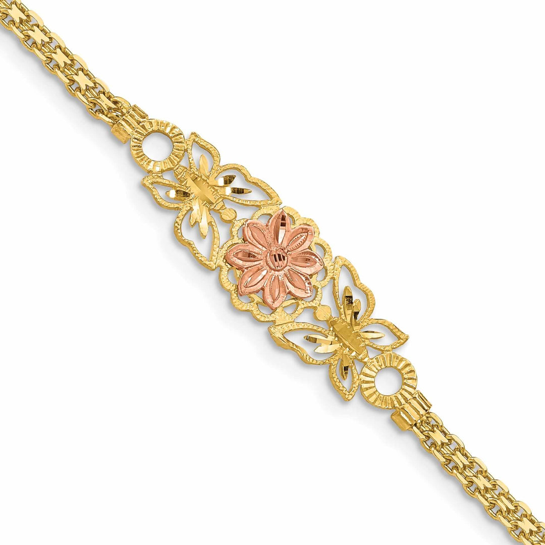 14k Gold Two-Tone Butterfly & Flowers Bracelet - Brushed & Polished