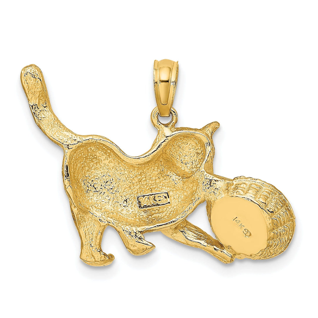 14k Yellow Gold White Rhodium Textured Polished Finish Cat Playing with Yarn in Basket Design Charm Pendant