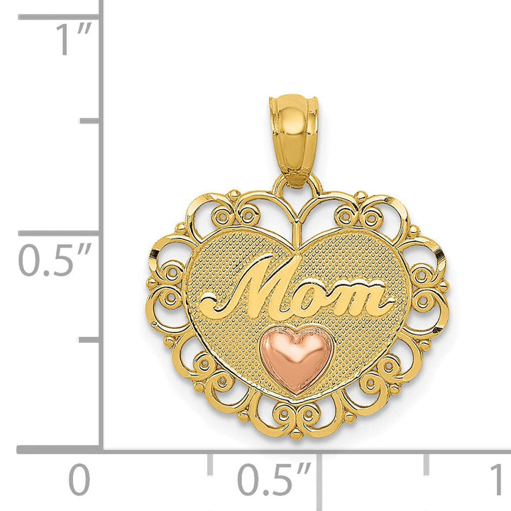 14K Two Tone Gold Polished Finish MOM Heart in Heart Design Pendant