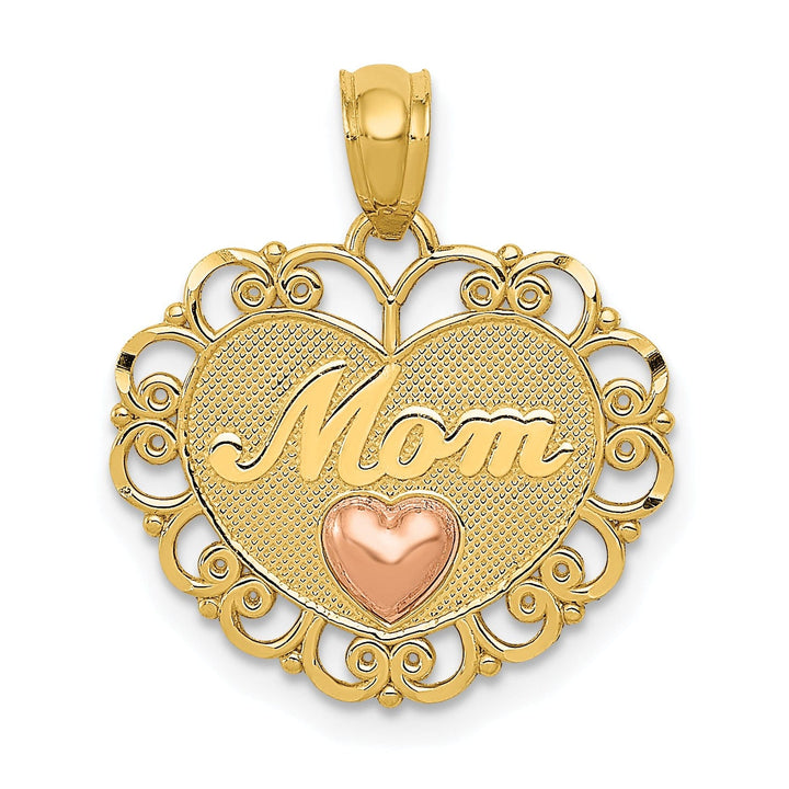 14K Two Tone Gold Polished Finish MOM Heart in Heart Design Pendant