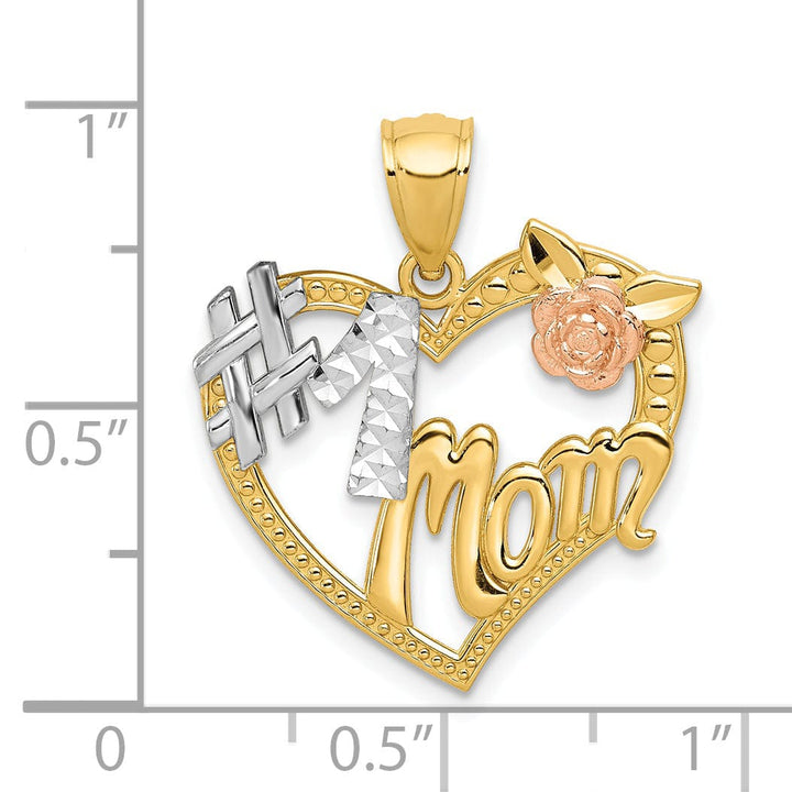 14k Two Tone Gold, White Rhodium Solid Polished Textured Finish #1 MOM in Heart with Flower Design Charm Pendant