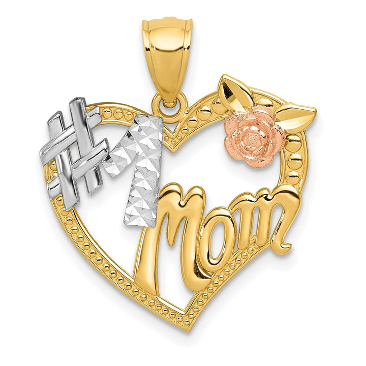 14k Two Tone Gold, White Rhodium Solid Polished Textured Finish #1 MOM in Heart with Flower Design Charm Pendant