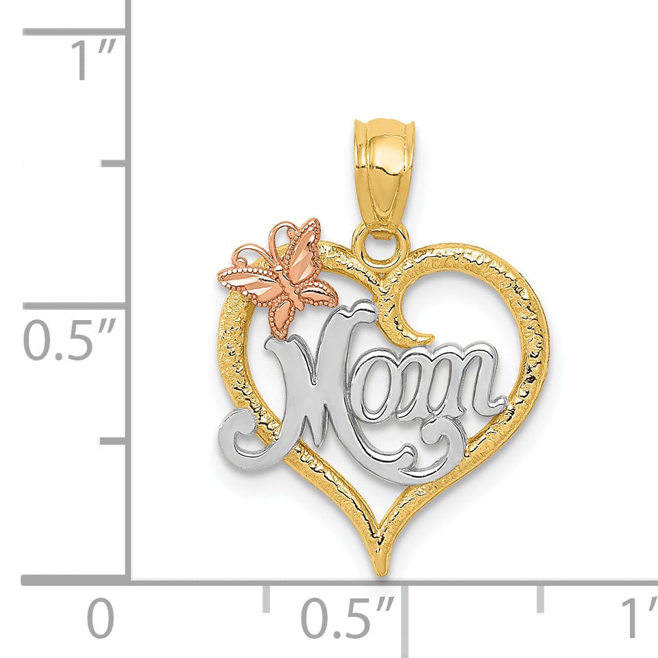 14k Two Tone Gold Solid Polished Finish MOM with Butterfly Design Heart Pendant