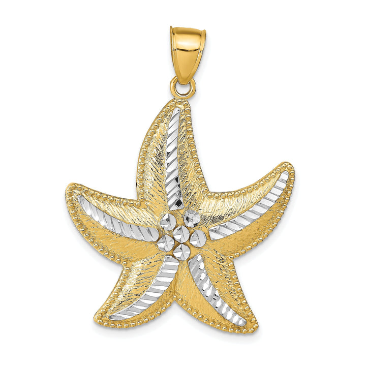 14K Yellow Gold White Rhodium Diamond Cut Polished Textured Finish Starfish Charm Pendant