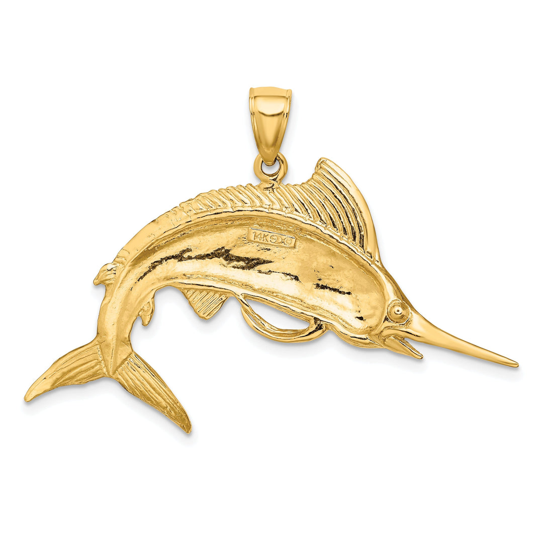 14k Yellow Gold Solid Textured Polished Finish Blue Marlin Fish Charm Pendant