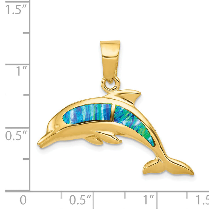 14k Yellow Gold Polished Finish Lab Created Opal Dolphin Charm Pendant