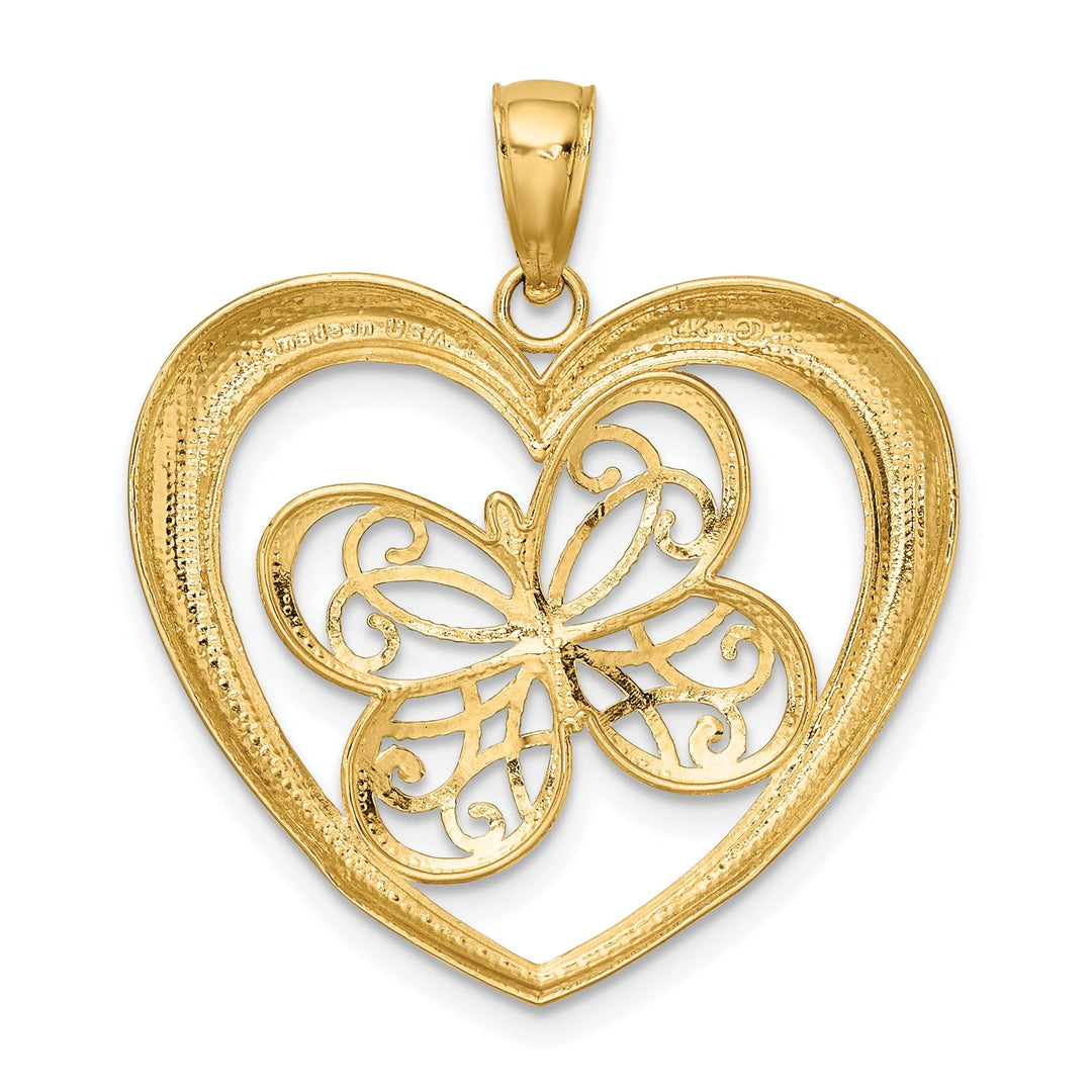 14k Two-tone Gold Textured Open Back Filigree Solid Polished Finish Butterfly in Heart Charm Pendant