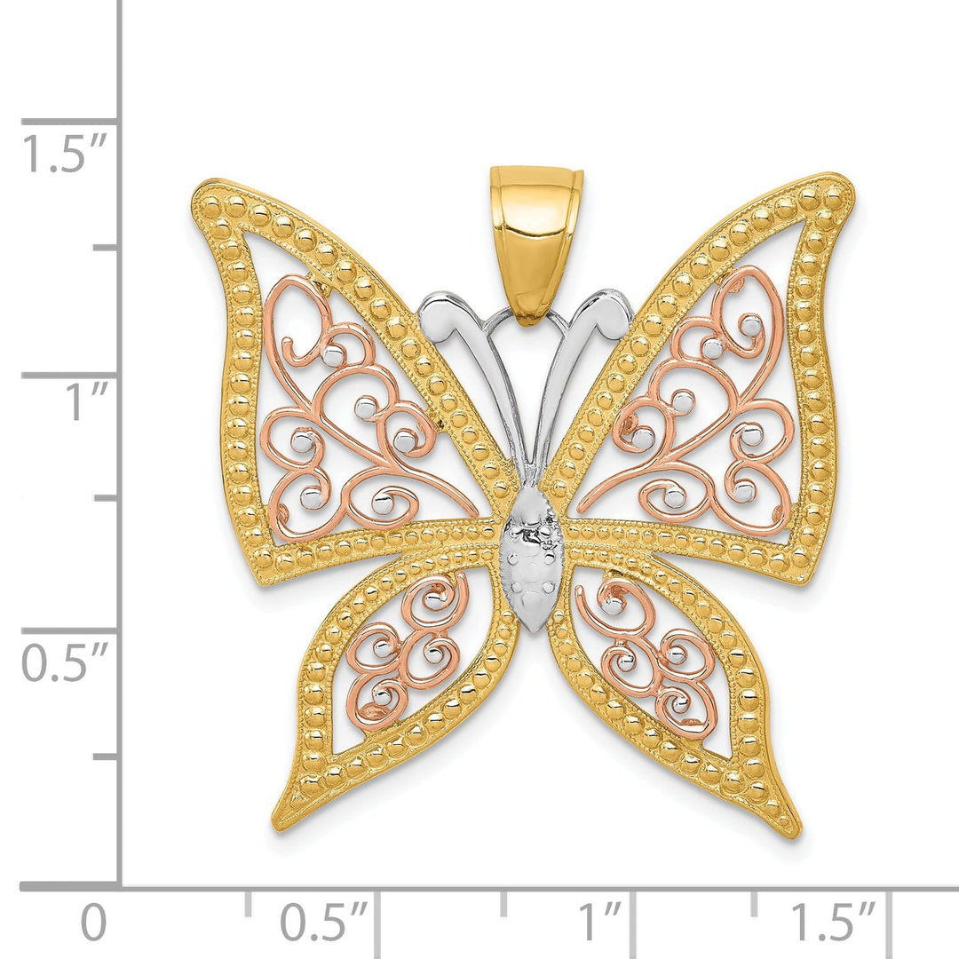 14k Two-tone Gold Open Back Casted Textured Solid Polished Finish Diamond-cut Butterfly Charm Pendant