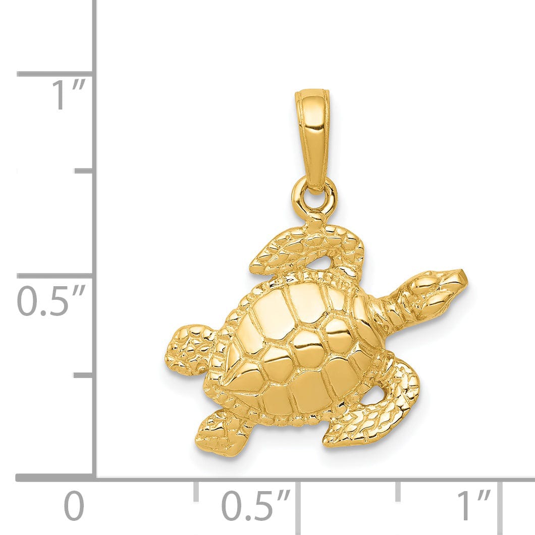 14k Yellow Gold Casted Textured and Polished Finish Solid Men's Sea Turtle Charm Pendant