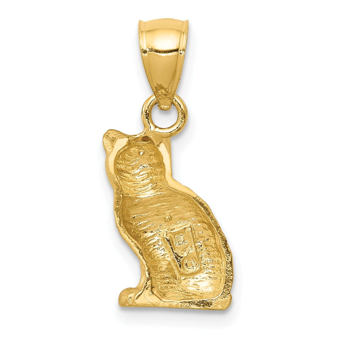 14K Yellow Gold Solid Brushed Diamond Cut Finish Cat Sitting Charm Pendant