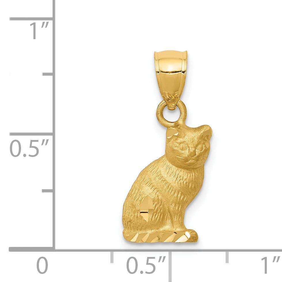 14K Yellow Gold Solid Brushed Diamond Cut Finish Cat Sitting Charm Pendant