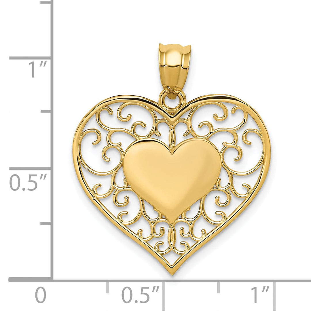 14k Yellow Gold Heart in Heart Filigree Pendant