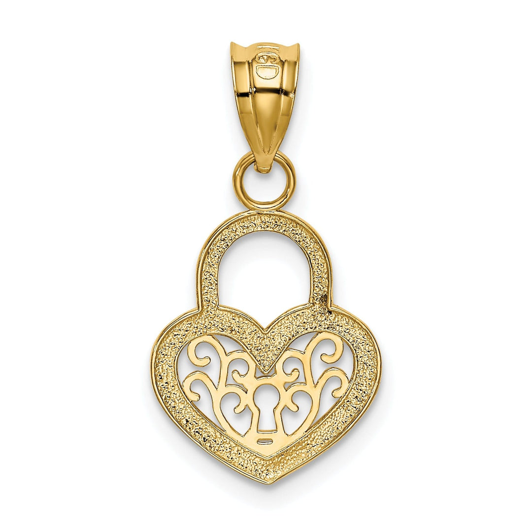 14K Yellow Gold Concave Filigree Heart Lock Design Charm Pendant