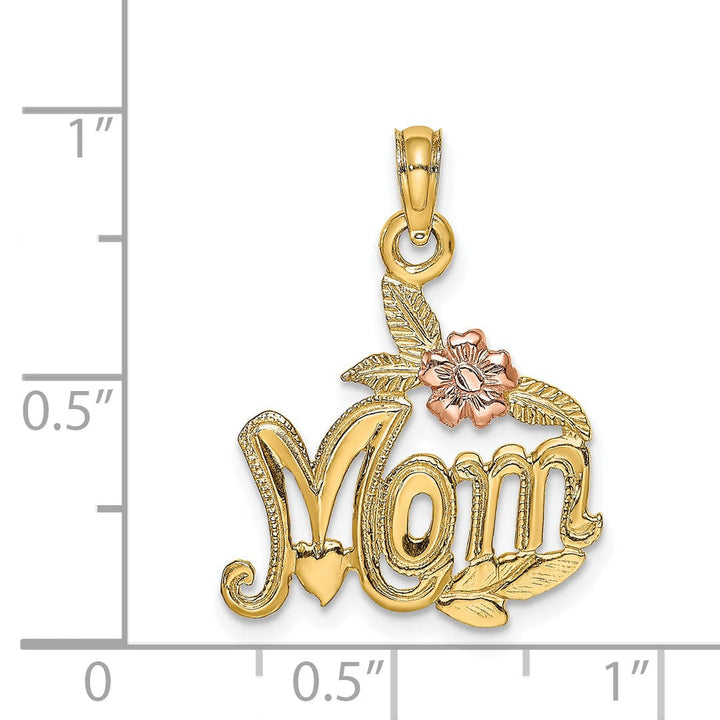 14K Two Tone Gold Textured Polished Finish MOM with Flower and Leaf Design Charm Pendant