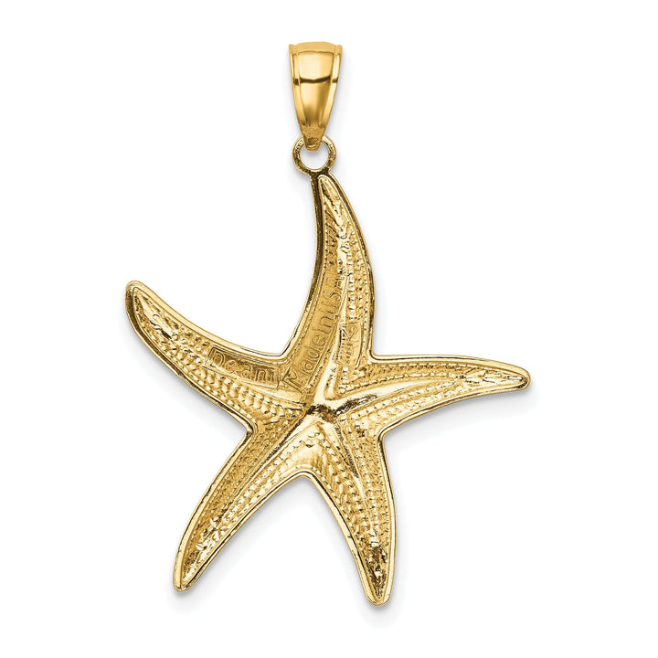 14K Yellow Gold, White Rhodium Solid Diamond Cut Textured Polished Finish Starfish Charm Pendant