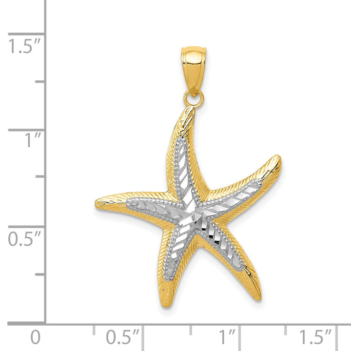 14K Yellow Gold, White Rhodium Solid Diamond Cut Textured Polished Finish Starfish Charm Pendant