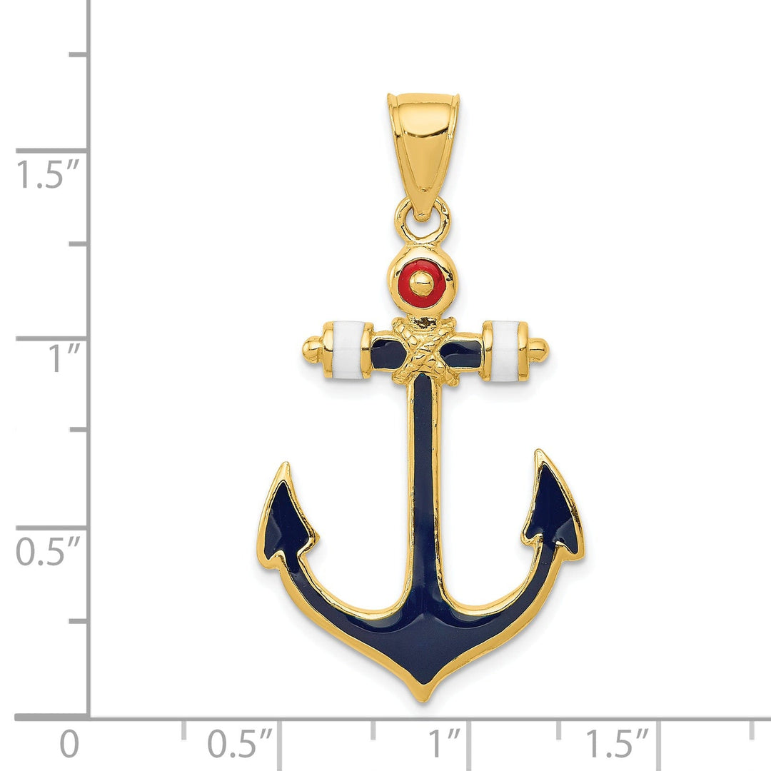 14k Yellow Gold Red White Blue Anchor Pendant