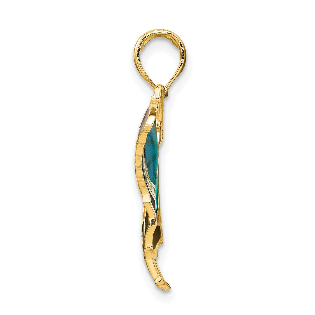 14K Yellow Gold Casted Solid Open Back Polished Finish Aqua Enameled Butterfly Charm Pendant