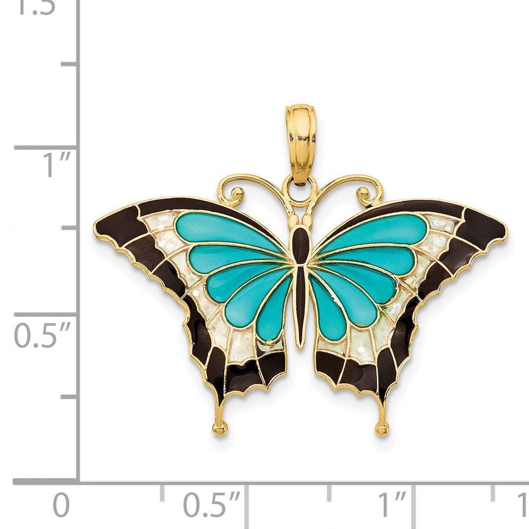 14K Yellow Gold Casted Solid Open Back Polished Finish Aqua Enameled Butterfly Charm Pendant