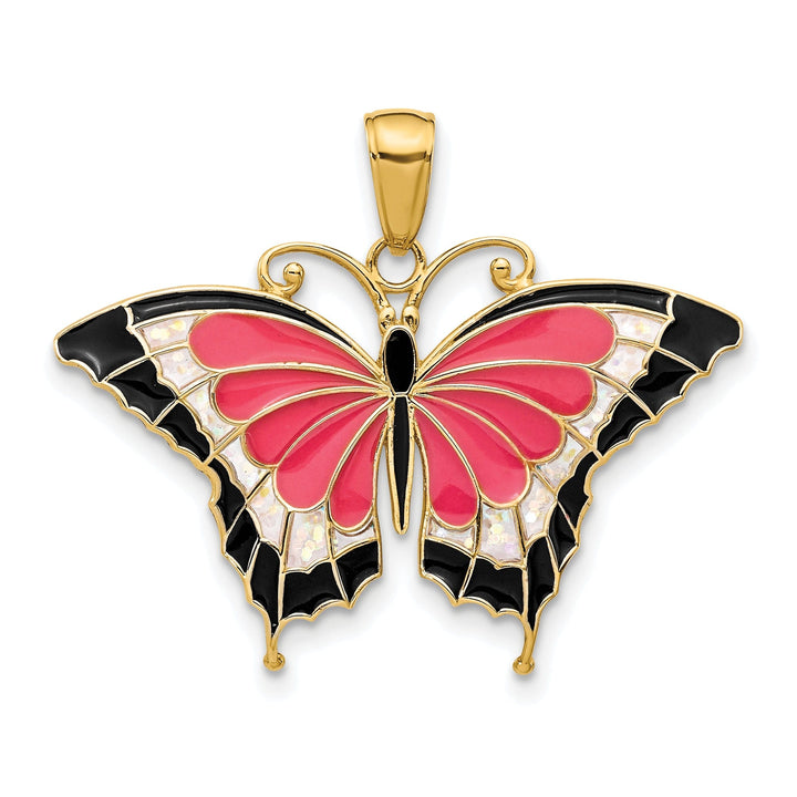 14K Yellow Gold Casted Solid Open Back Polished Finish Enameled Butterfly Charm Pendant