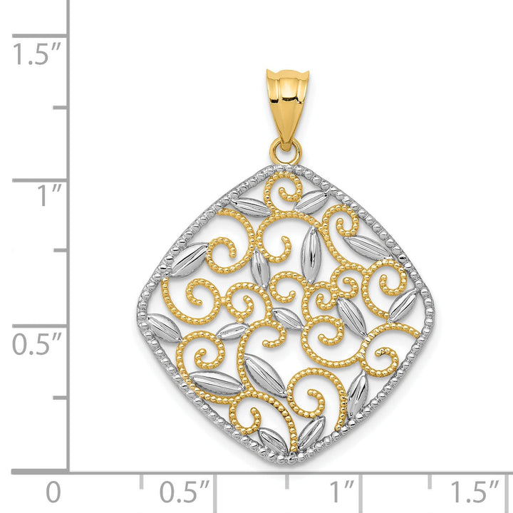 14K Yellow Gold Rhodium Solid D.C Polished Finish Filigree Swirl Beaded Design Pendant