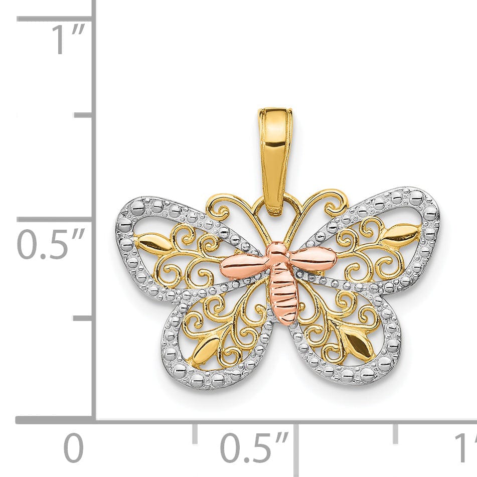 14k Tri-color Gold Textured Back Casted Solid Polished Finish Diamond-cut Butterfly Charm Pendant