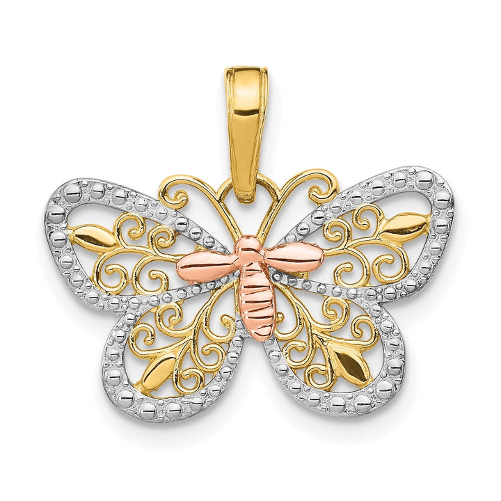 14k Tri-color Gold Textured Back Casted Solid Polished Finish Diamond-cut Butterfly Charm Pendant