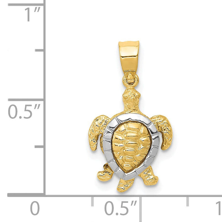 14K Two-tone Gold Casted Textured Solid Polished Finish Turtle Charm Pendant