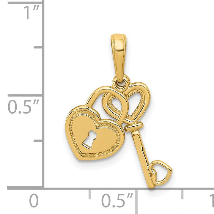 14K Yellow Gold Moveable Key and Heart Lock Design Charm Pendant