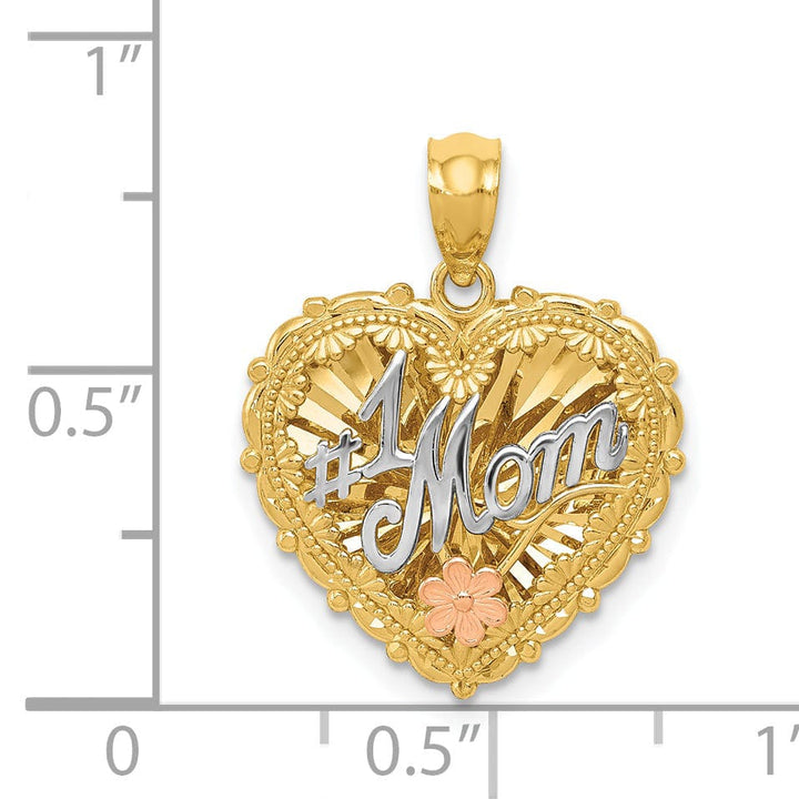 14k Tri Color Gold Polished Finish Reversible #1 MOM Flower Shadowbox Heart Pendant