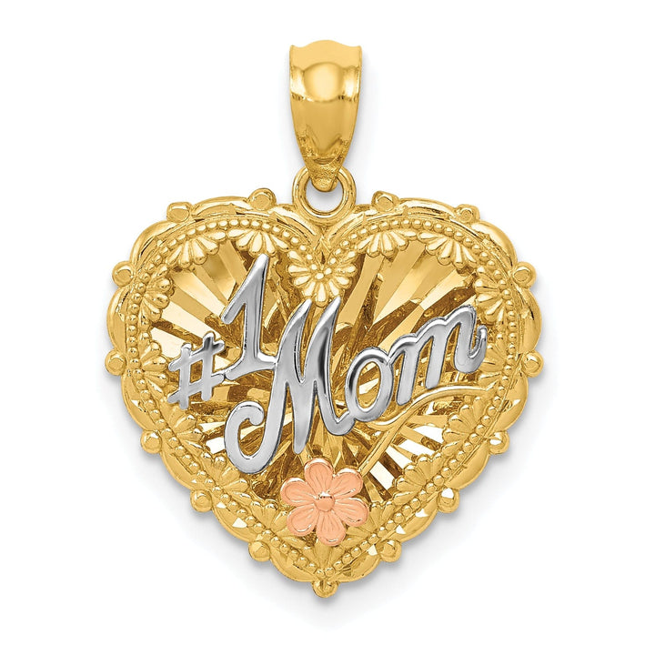 14k Tri Color Gold Polished Finish Reversible #1 MOM Flower Shadowbox Heart Pendant