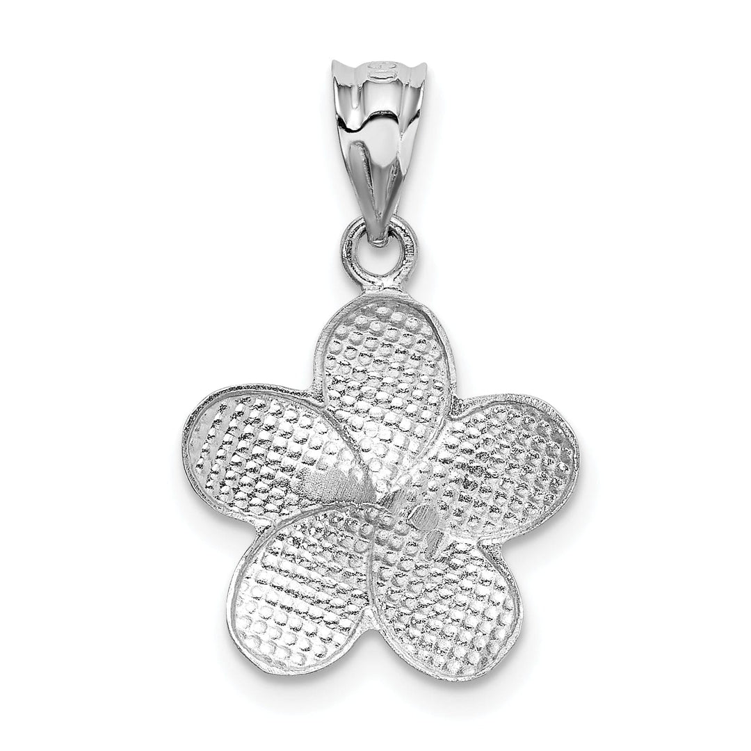 14k Yellow Gold Dipped in White Rhodium Diamond-cut Solid Casted Textured Back Satin Finish Plumeria Charm Pendant