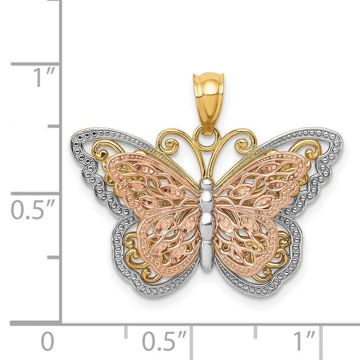 14k Tri-color Textured Open Back Casted Solid Polished Finish Cut-out 2-level Butterfly Charm Pendant