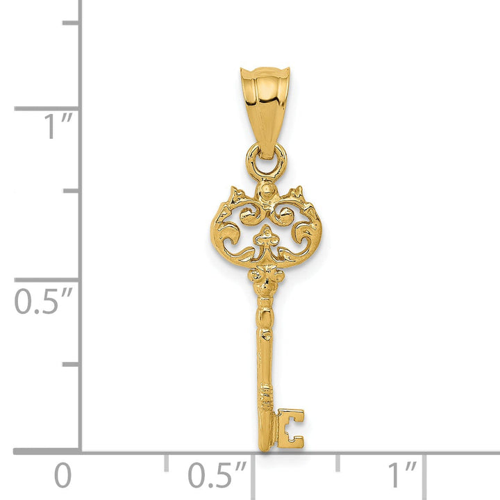 14K Yellow Gold Solid Flat Back Filigree Key Design Charm Pendant