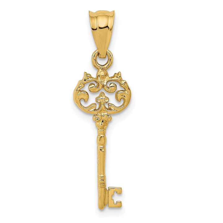 14K Yellow Gold Solid Flat Back Filigree Key Design Charm Pendant